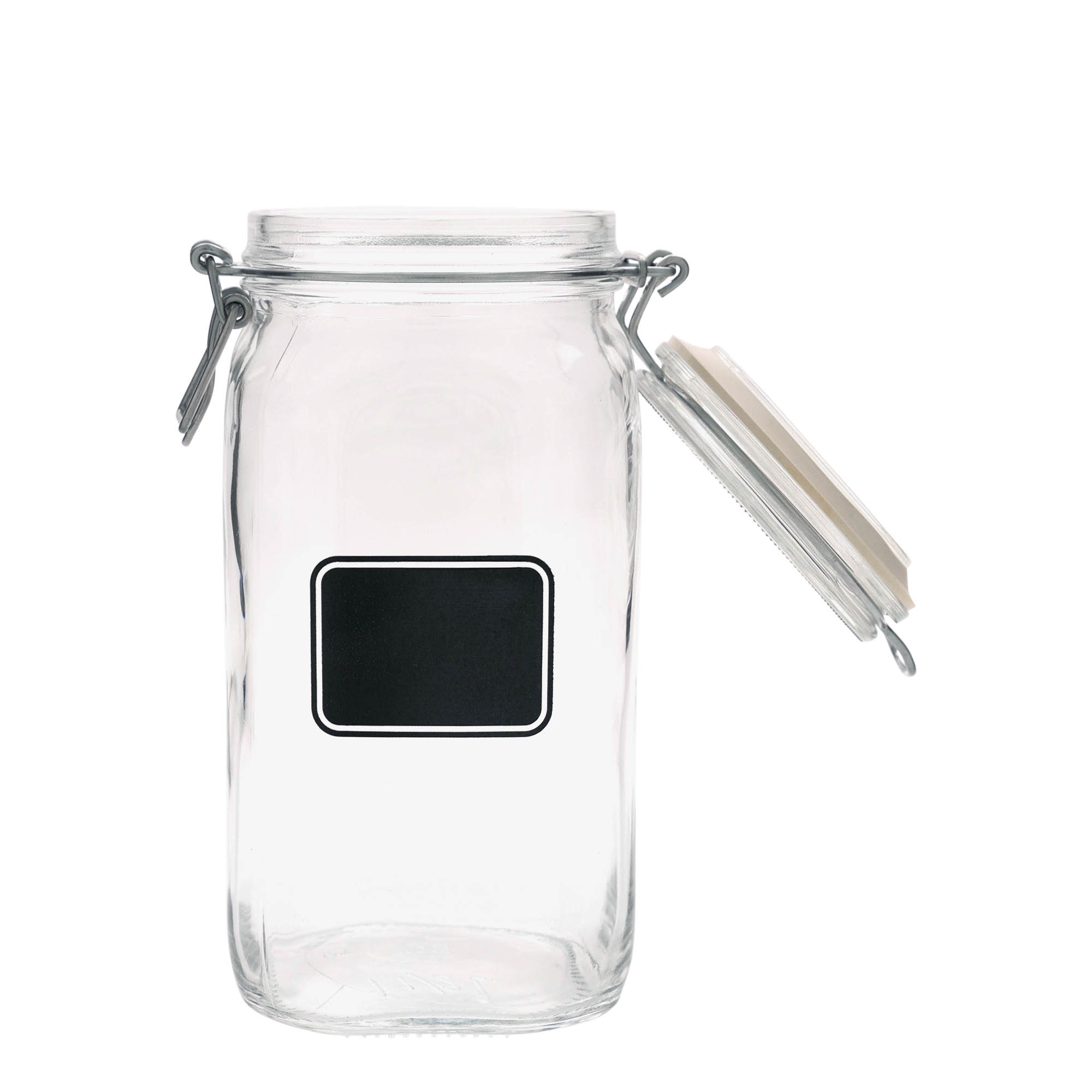1.500 ml γυάλινο βάζο με μεταλλικό κλείστρο 'Fido', σχέδιο: πεδίο ετικέτας, τετράγωνο, στόμιο: μεταλλικό κλείστρο με σύρμα