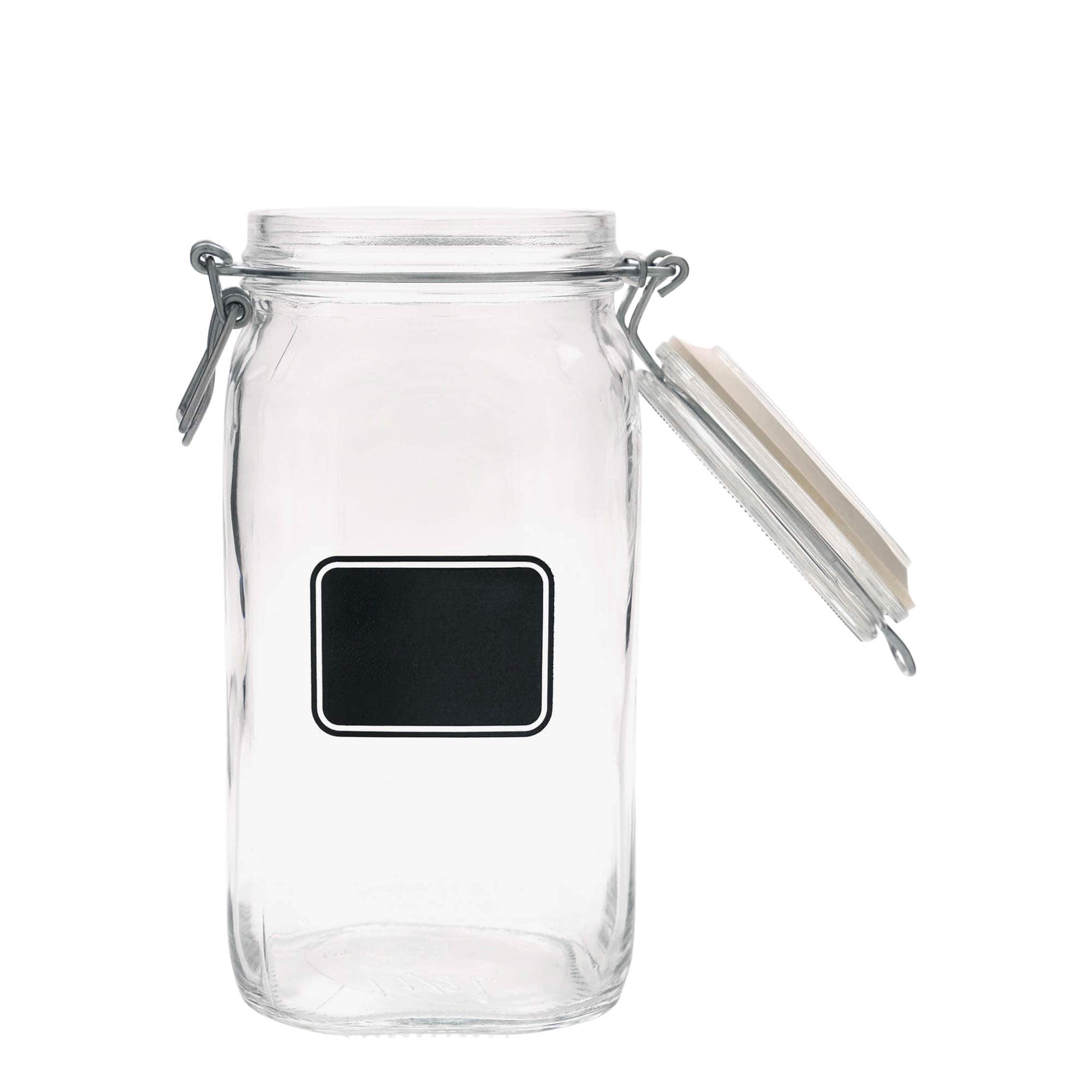 1.500 ml γυάλινο βάζο με μεταλλικό κλείστρο 'Fido', σχέδιο: πεδίο ετικέτας, τετράγωνο, στόμιο: μεταλλικό κλείστρο με σύρμα