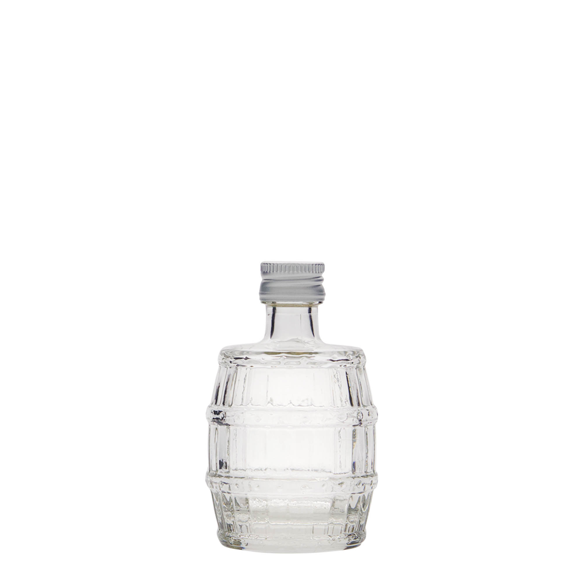 50 ml γυάλινο μπουκάλι 'Βαρέλι', στόμιο: PP 18 50 ml γυάλινο μπουκάλι 'Βαρέλι', στόμιο: PP 18