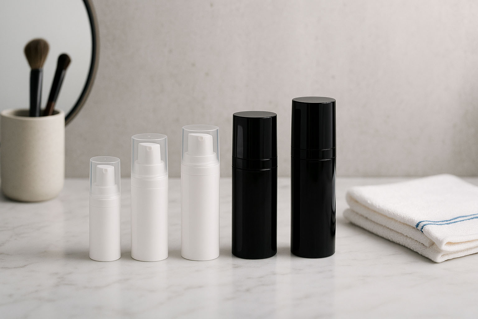 Airless κεφαλή Micro ασημένιο περίγραμμα + λευκό, γυαλιστερό καπάκι σύνδεσης Airless κεφαλή Micro ασημένιο περίγραμμα + λευκό, γυαλιστερό καπάκι σύνδεσης