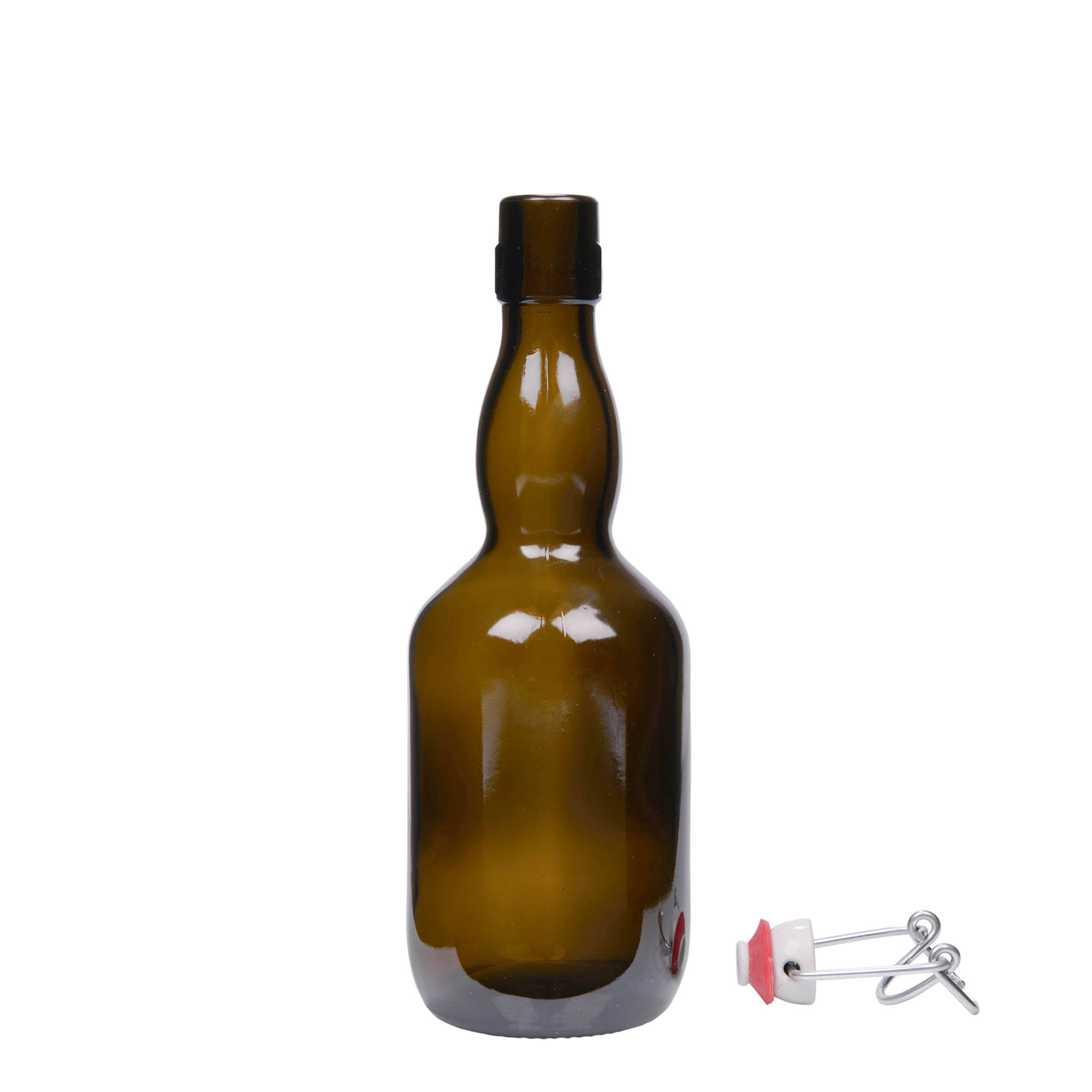 500 ml μπουκάλι μπύρας με λαιμό τύπου Kropfhals, γυαλί, παλαιωμένο πράσινο, στόμιο: κούμπωμα με μανταλάκι