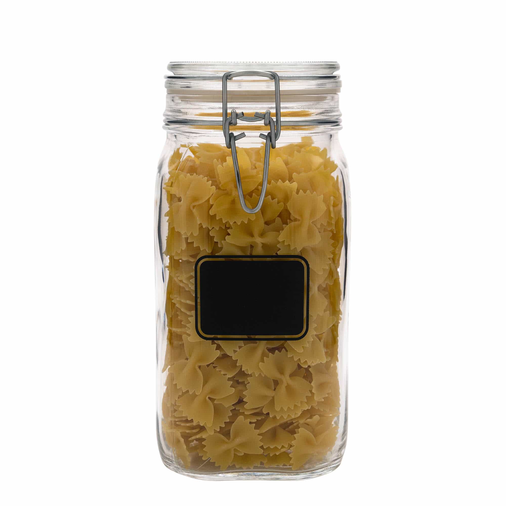 1.500 ml γυάλινο βάζο με μεταλλικό κλείστρο 'Fido', σχέδιο: πεδίο ετικέτας, τετράγωνο, στόμιο: μεταλλικό κλείστρο με σύρμα
