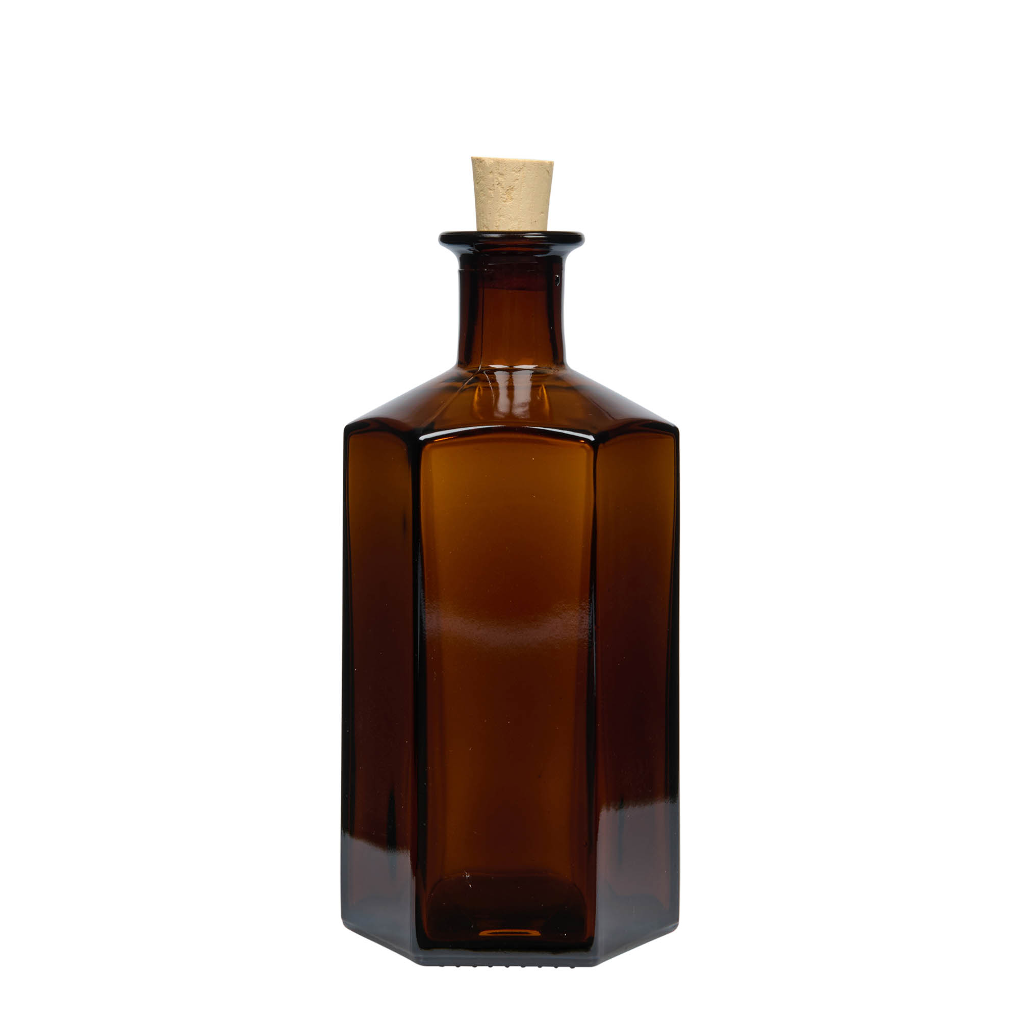 500 ml γυάλινο μπουκάλι φαρμακοποιού 'Jimmy', εξαγωνικό, καφέ, στόμιο: φελλός