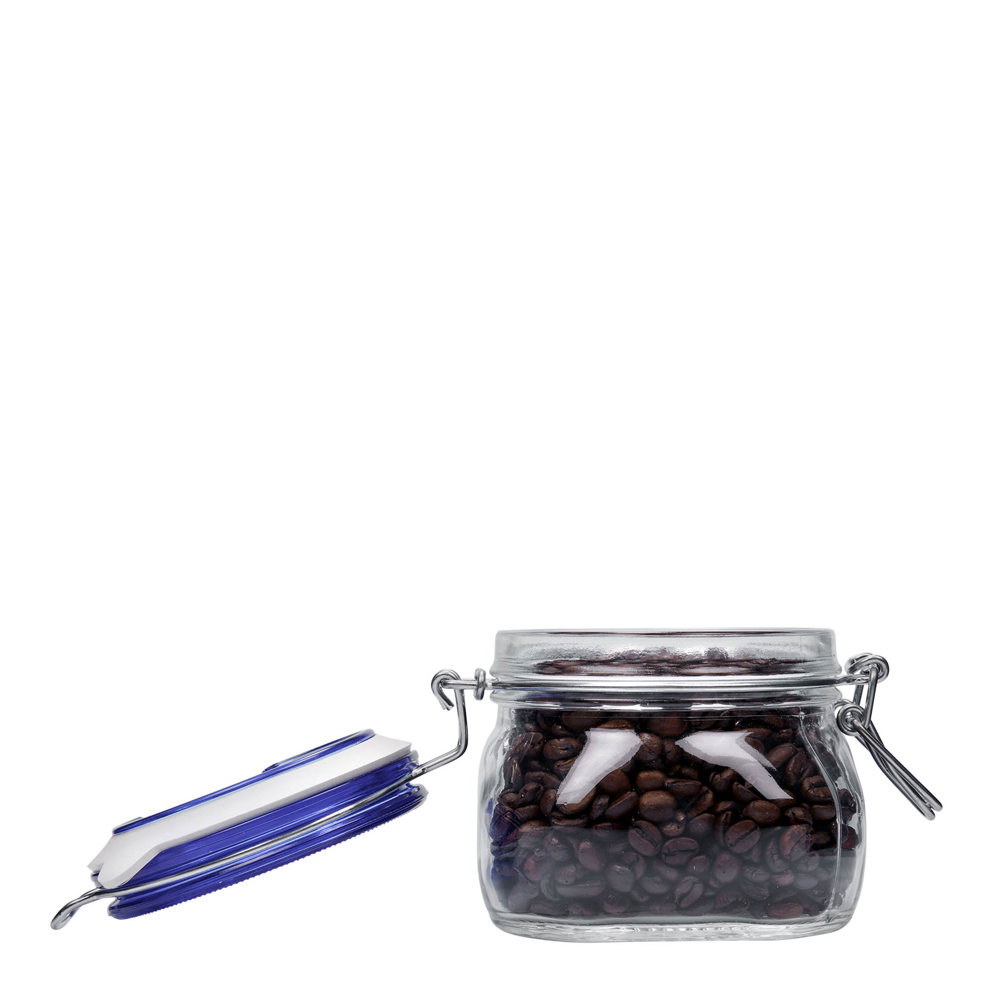 500 ml γυάλινο βάζο με σύρμα κλεισίματος 'Fido' με μπλε καπάκι, τετράγωνο, άνοιγμα: κλείσιμο με σύρμα