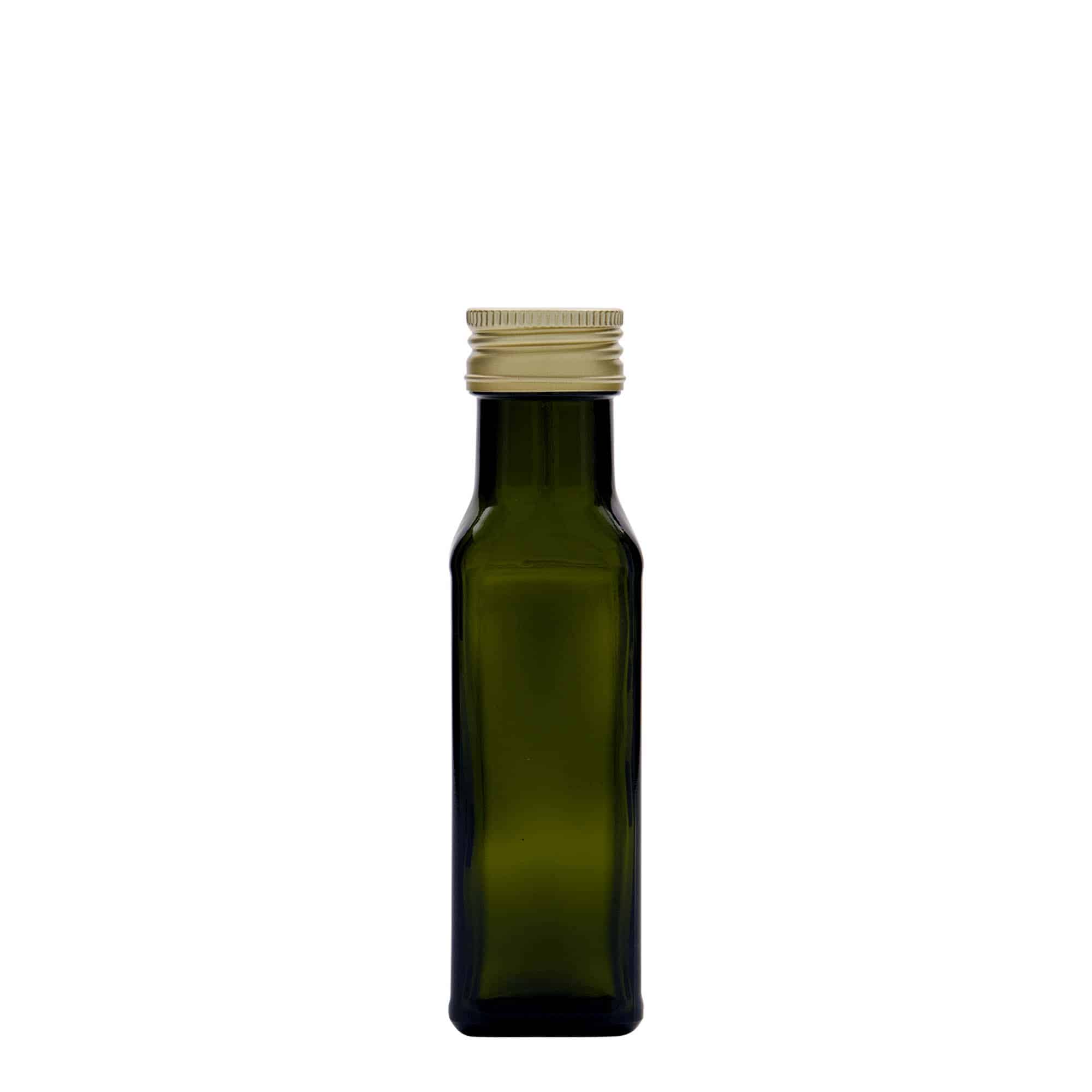 100 ml γυάλινο μπουκάλι 'Marasca', τετράγωνο, παλαιωμένο πράσινο, στόμιο: PP 31,5