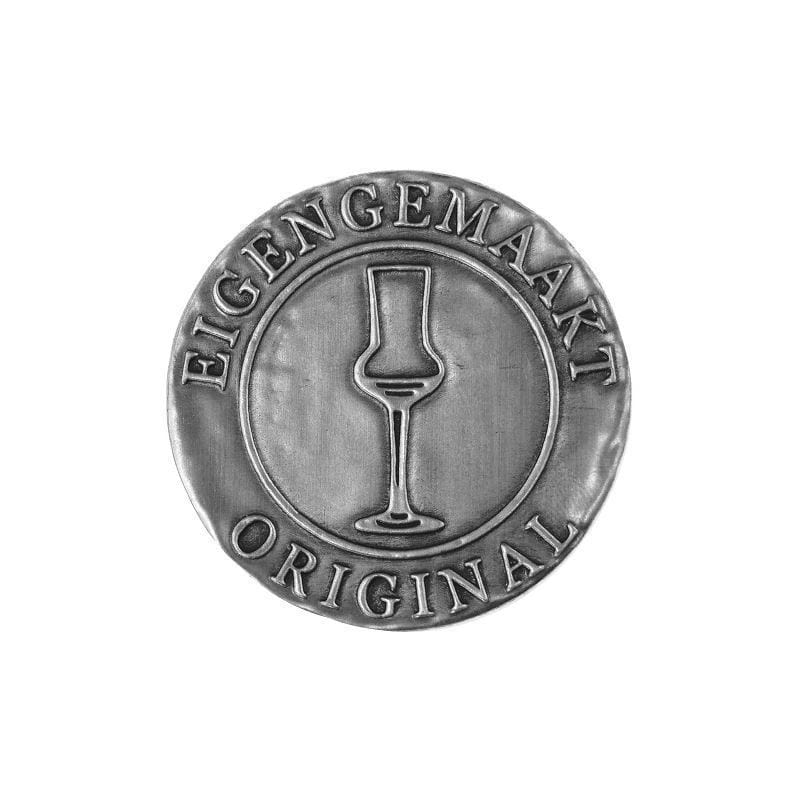 Ετικέτα κασσίτερου 'Eigengemaakt', στρογγυλή, μέταλλο, ασημί Ετικέτα κασσίτερου 'Eigengemaakt', στρογγυλή, μέταλλο, ασημί