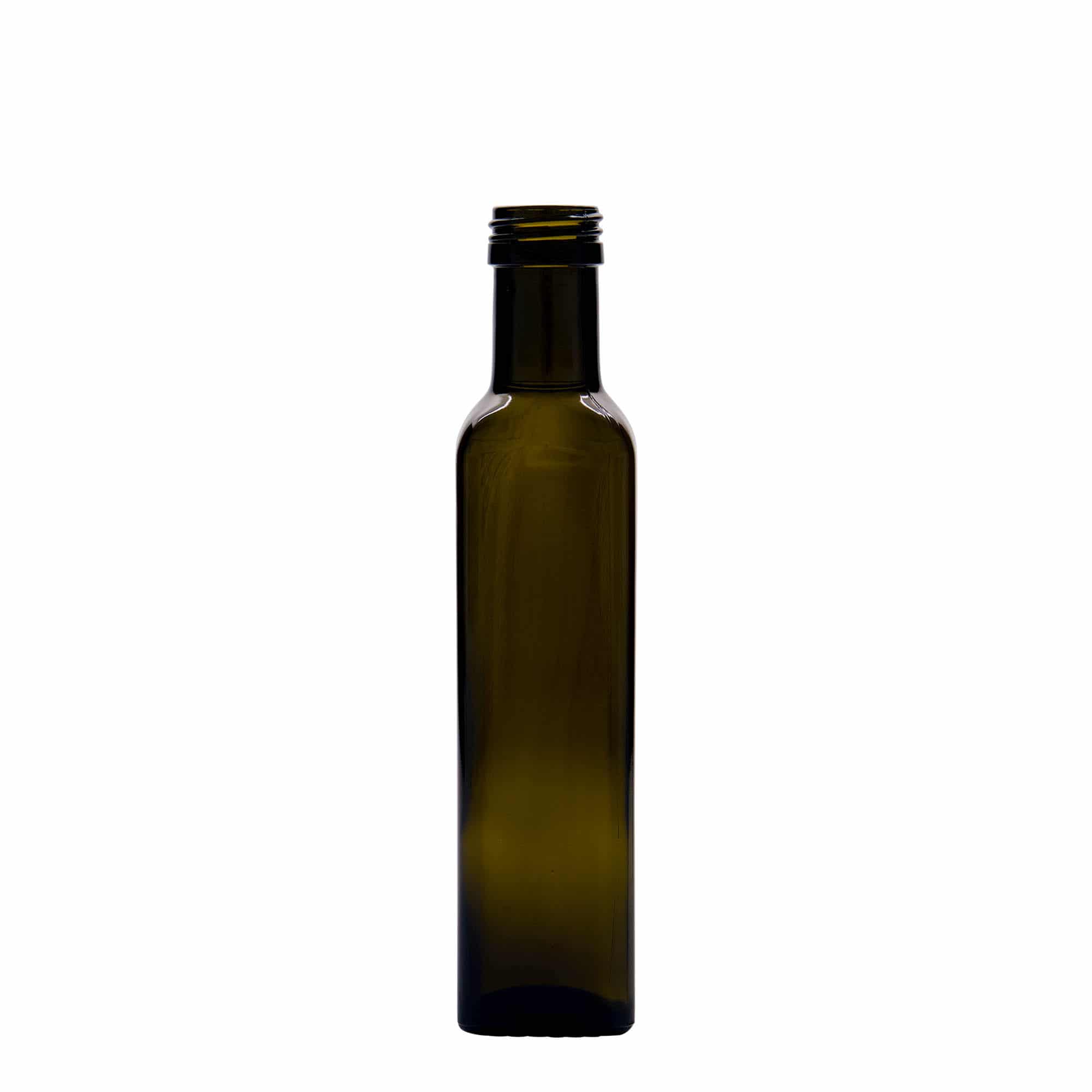 250 ml γυάλινο μπουκάλι 'Marasca', τετράγωνο, παλαιωμένο πράσινο, στόμιο: PP 31,5