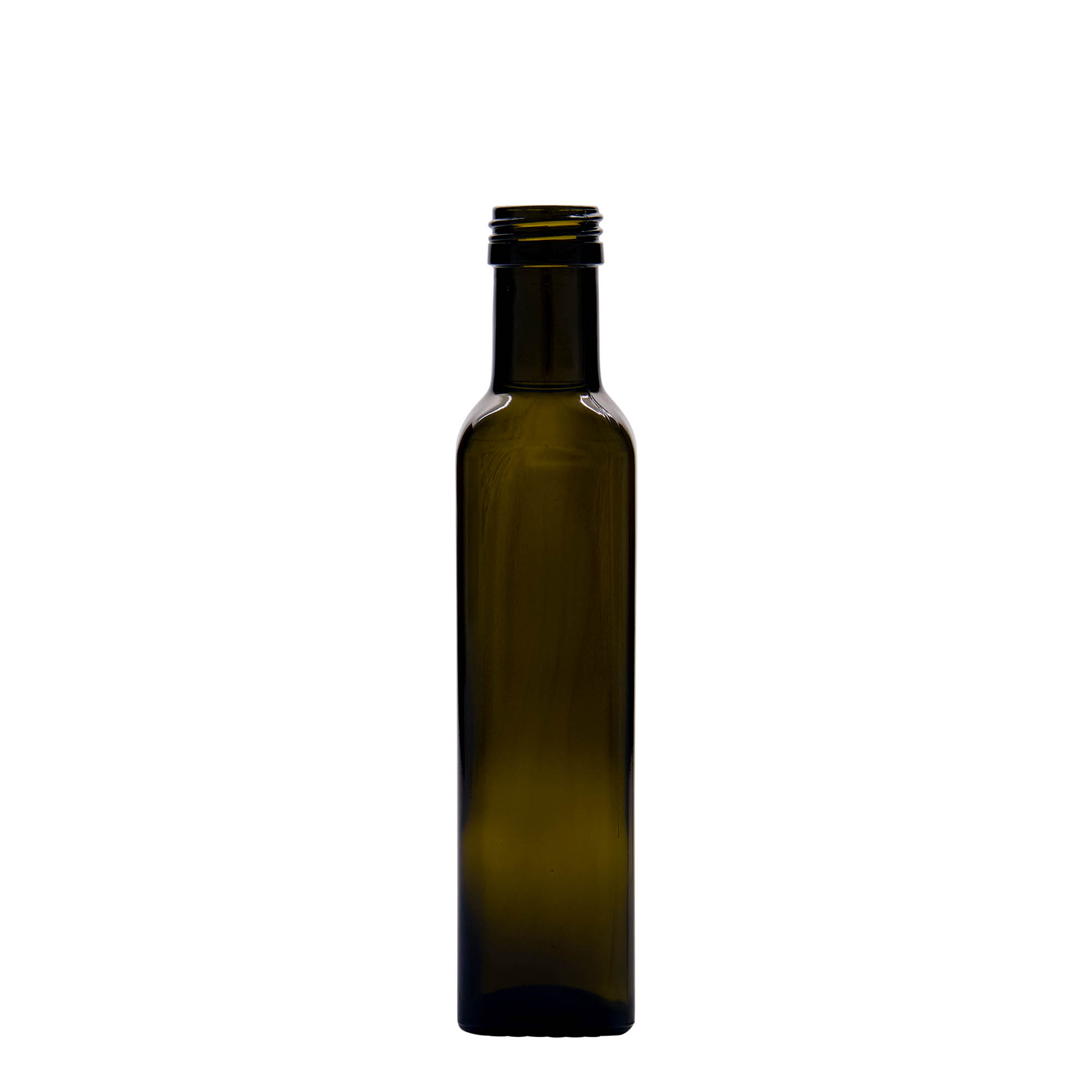 250 ml γυάλινο μπουκάλι 'Marasca', τετράγωνο, παλαιωμένο πράσινο, στόμιο: PP 31,5