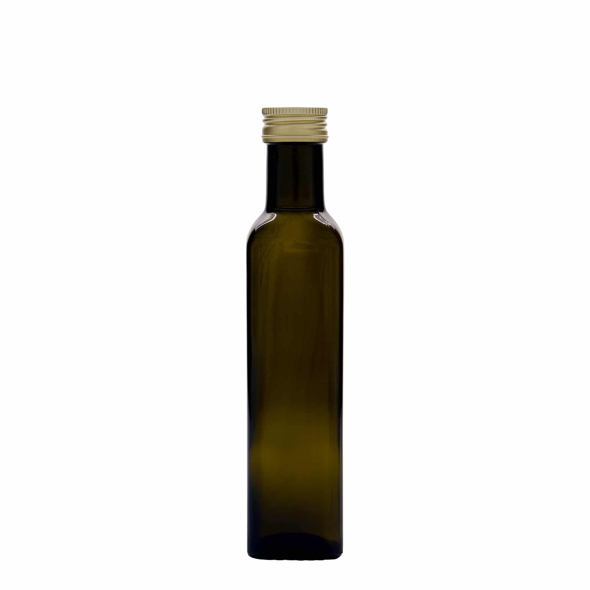 250 ml γυάλινο μπουκάλι 'Marasca', τετράγωνο, παλαιωμένο πράσινο, στόμιο: PP 31,5