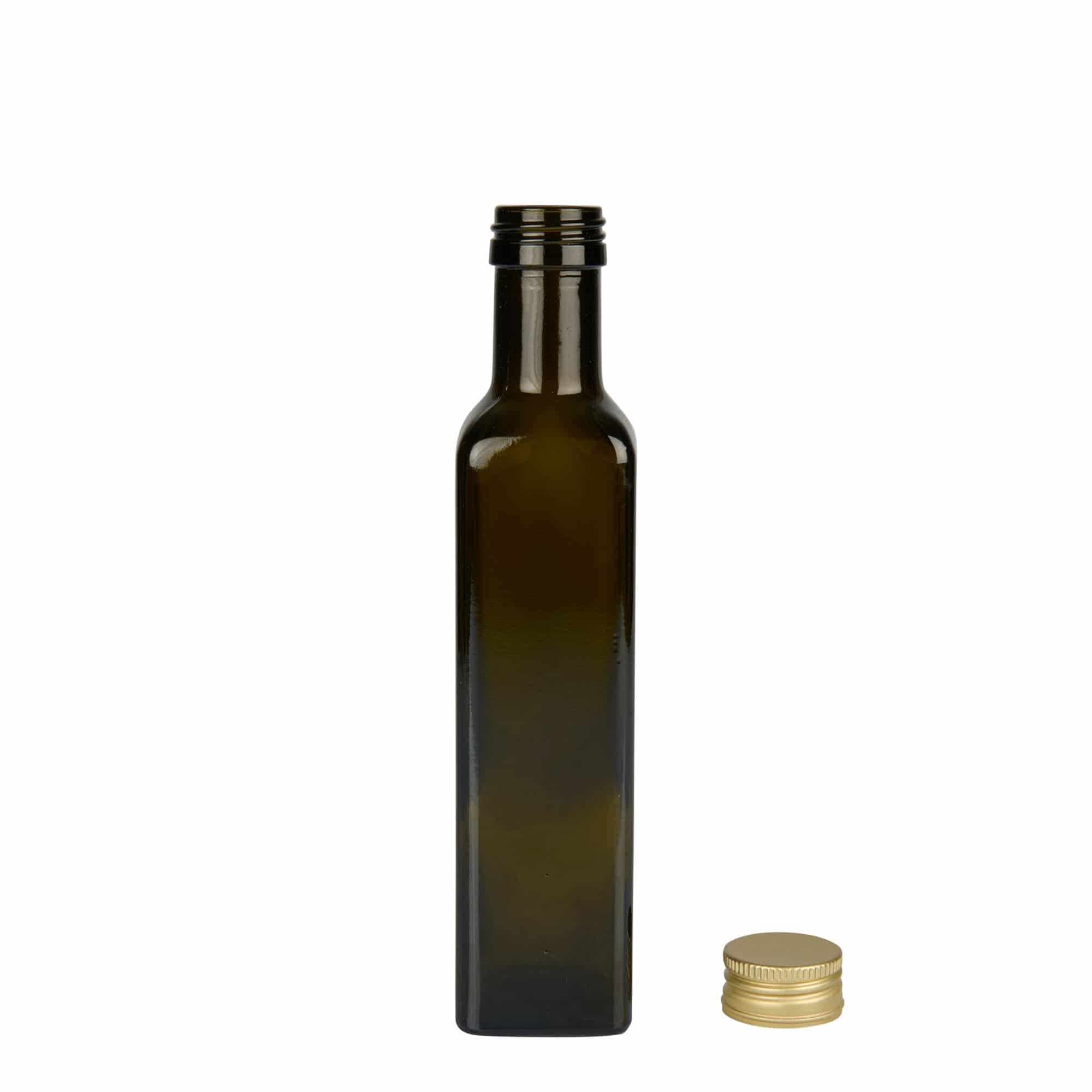 250 ml γυάλινο μπουκάλι 'Marasca', τετράγωνο, παλαιωμένο πράσινο, στόμιο: PP 31,5