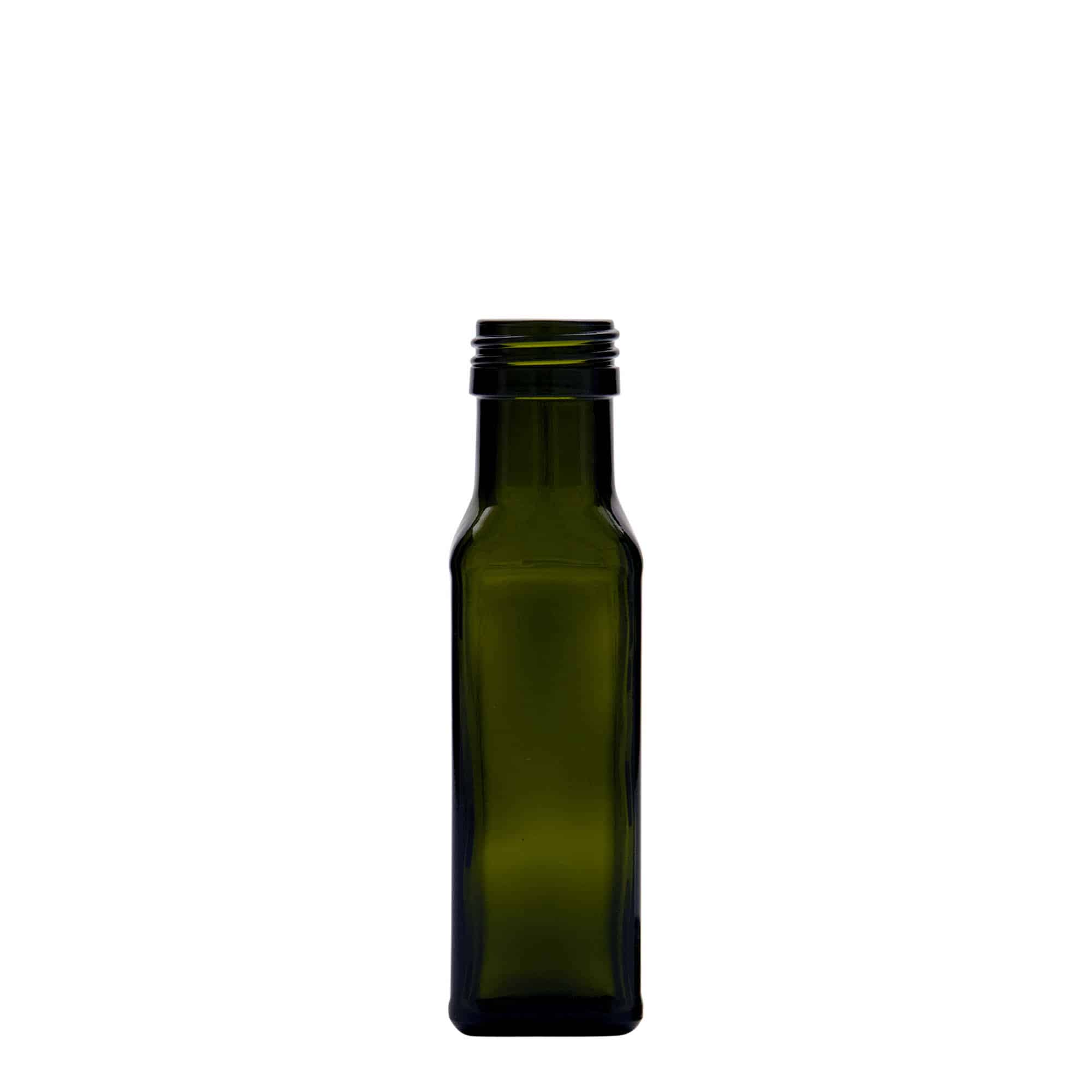100 ml γυάλινο μπουκάλι 'Marasca', τετράγωνο, παλαιωμένο πράσινο, στόμιο: PP 31,5 100 ml γυάλινο μπουκάλι 'Marasca', τετράγωνο, παλαιωμένο πράσινο, στόμιο: PP 31,5