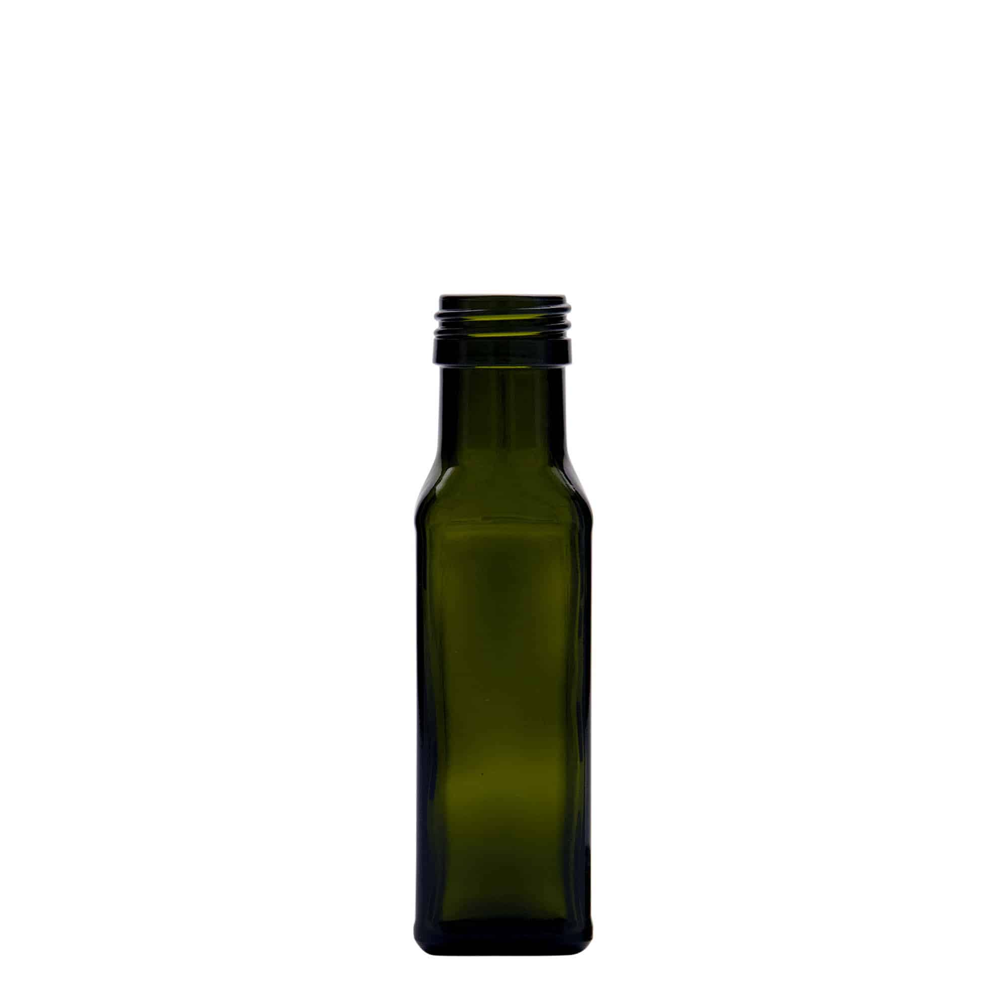 100 ml γυάλινο μπουκάλι 'Marasca', τετράγωνο, παλαιωμένο πράσινο, στόμιο: PP 31,5