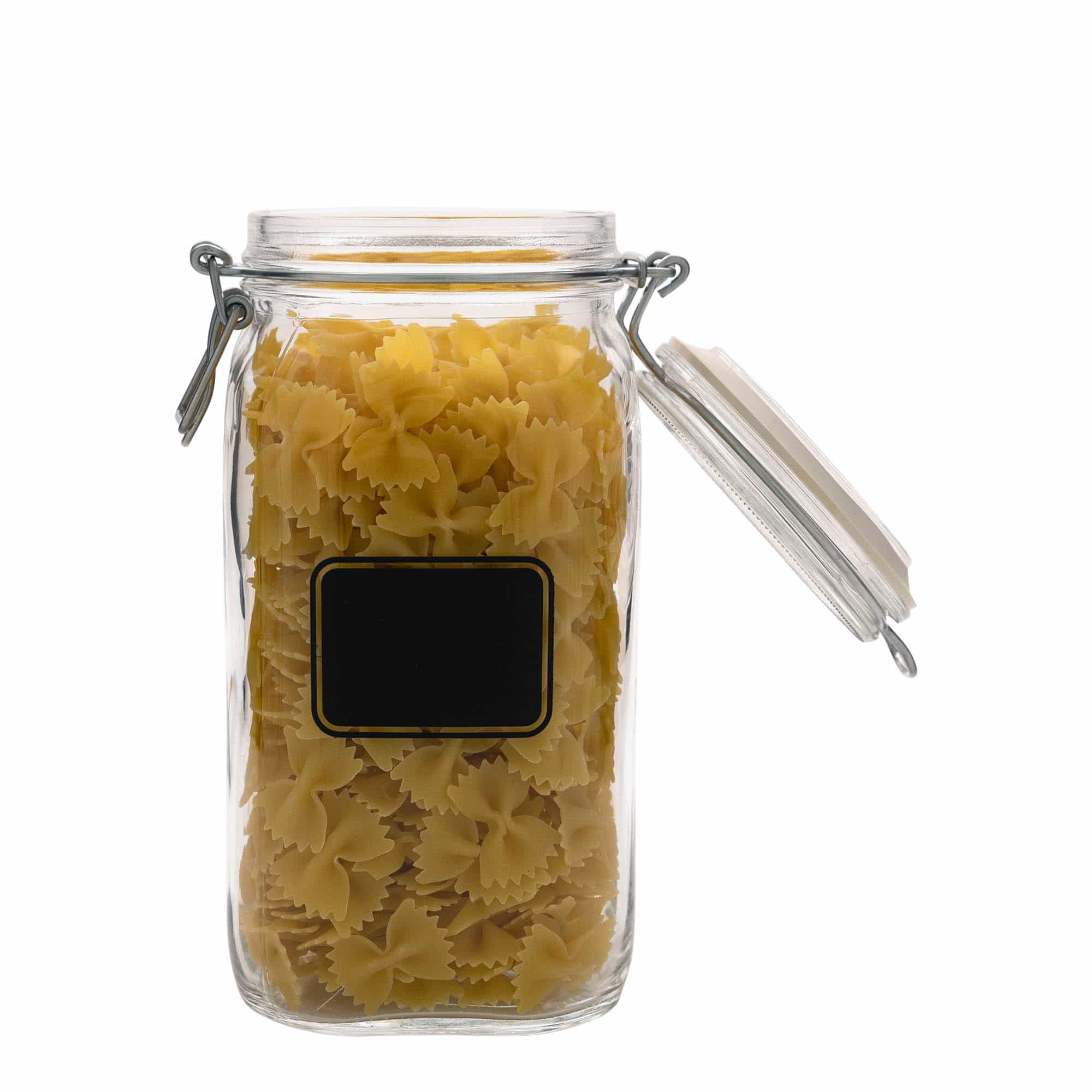 1.500 ml γυάλινο βάζο με μεταλλικό κλείστρο 'Fido', σχέδιο: πεδίο ετικέτας, τετράγωνο, στόμιο: μεταλλικό κλείστρο με σύρμα
