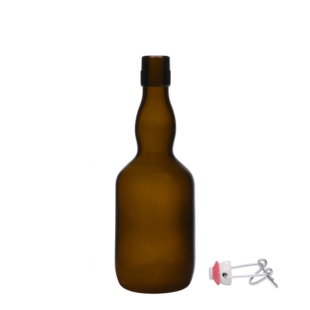 500 ml μπουκάλι μπύρας με λαιμό τύπου Kropfhals, γυαλί, παλαιωμένο πράσινο, στόμιο: κούμπωμα με μανταλάκι
