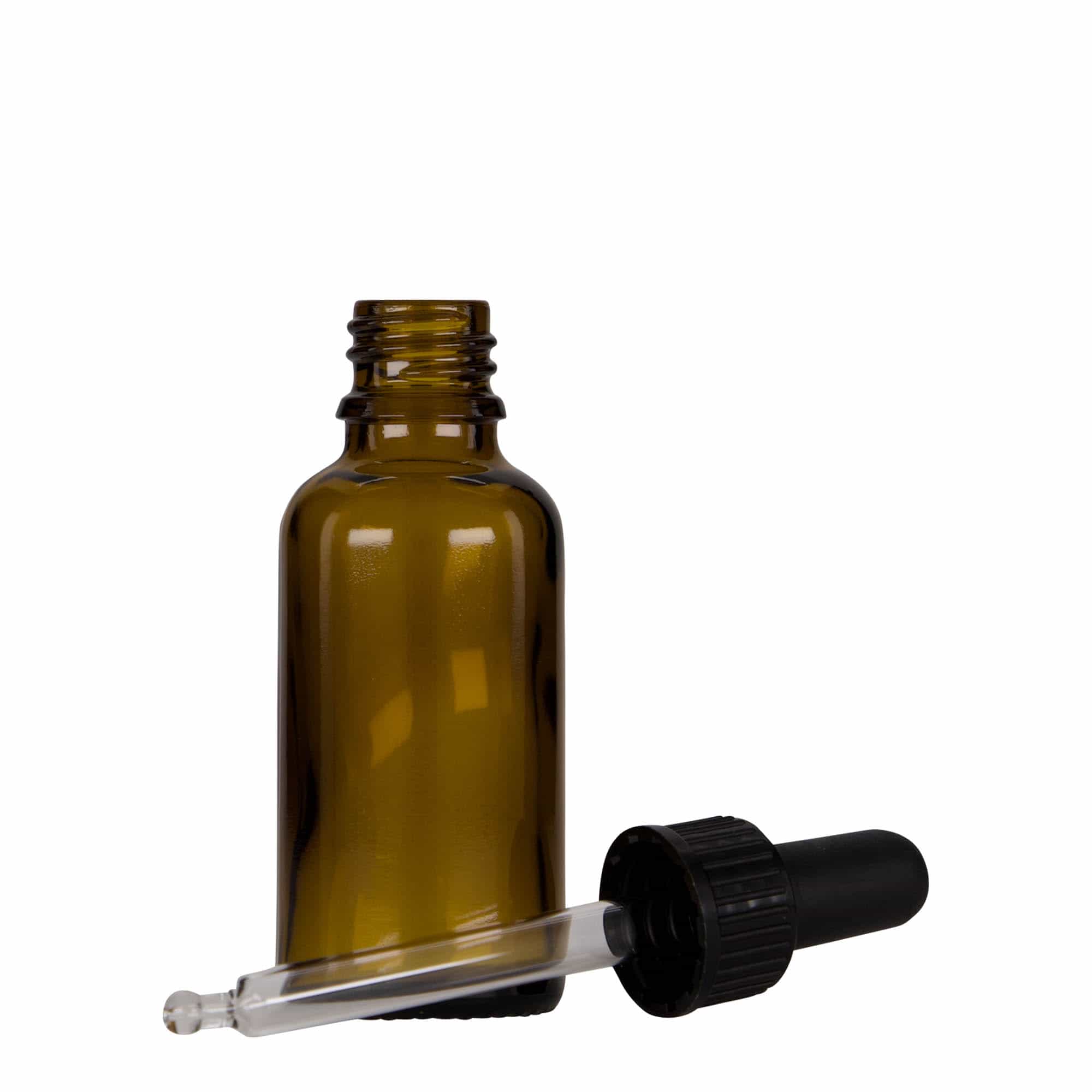 30 ml φιαλίδιο με σταγονόμετρο, ιατρικό, γυάλινο, καφέ-μαύρο, στόμιο: DIN 18