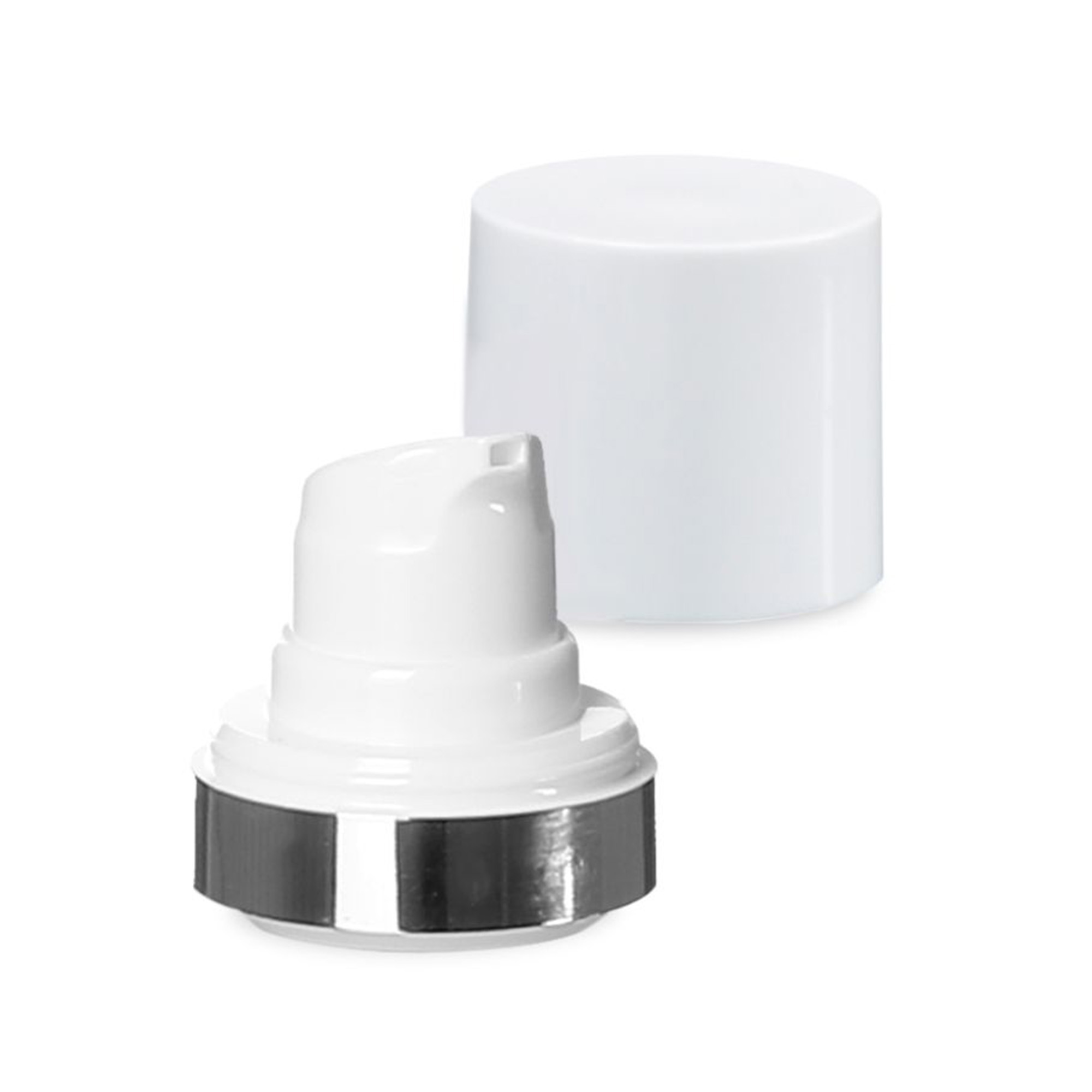 Airless κεφαλή Micro ασημένιο περίγραμμα + λευκό, γυαλιστερό καπάκι σύνδεσης Airless κεφαλή Micro ασημένιο περίγραμμα + λευκό, γυαλιστερό καπάκι σύνδεσης
