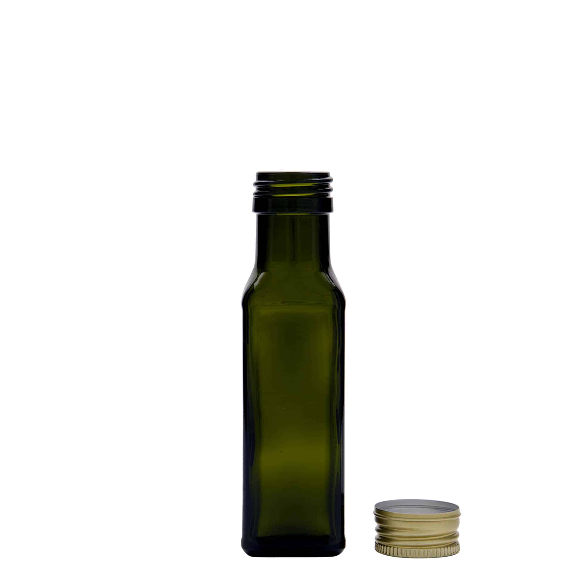 100 ml γυάλινο μπουκάλι 'Marasca', τετράγωνο, παλαιωμένο πράσινο, στόμιο: PP 31,5