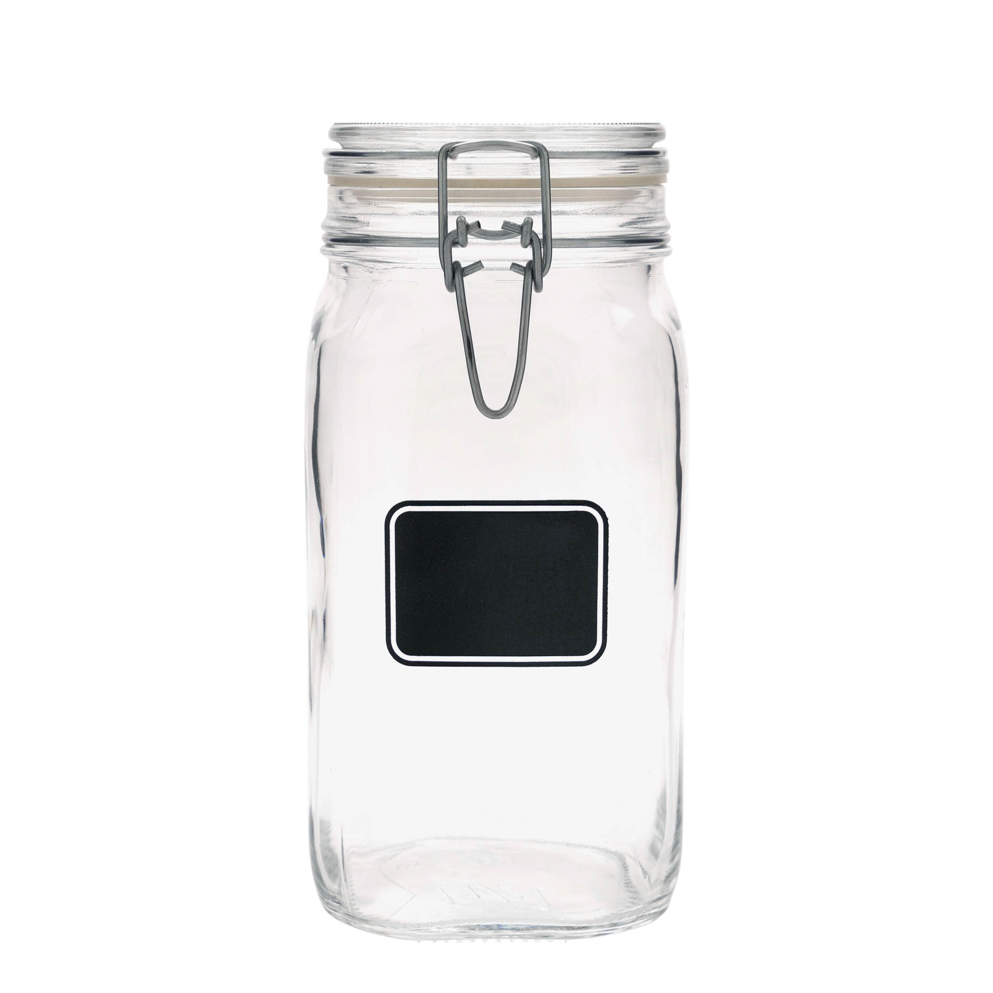 1.500 ml γυάλινο βάζο με μεταλλικό κλείστρο 'Fido', σχέδιο: πεδίο ετικέτας, τετράγωνο, στόμιο: μεταλλικό κλείστρο με σύρμα
