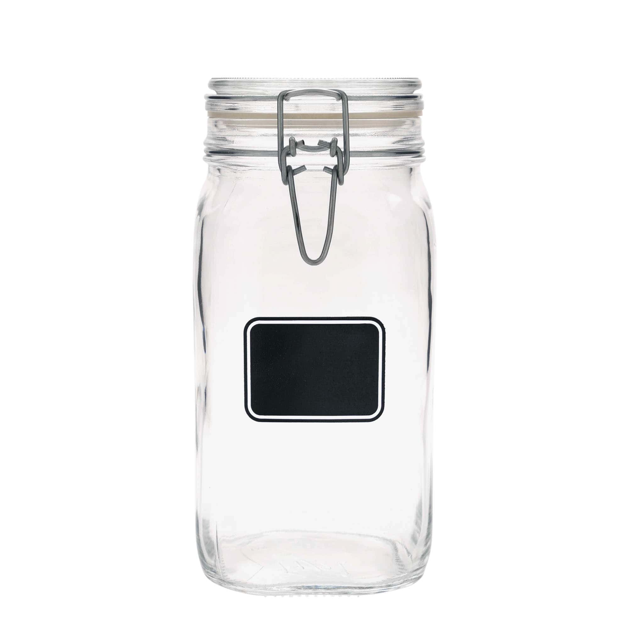 1.500 ml γυάλινο βάζο με μεταλλικό κλείστρο 'Fido', σχέδιο: πεδίο ετικέτας, τετράγωνο, στόμιο: μεταλλικό κλείστρο με σύρμα